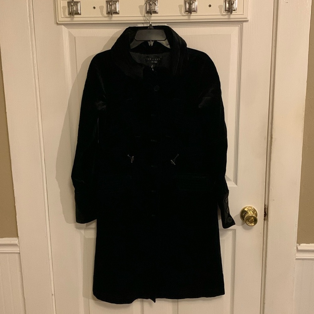 Theory Majendie B Vintage Mobwive Velvet Drawcord Long Black Coat Sz Small